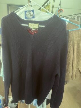 Gucci Men’s Dark Navy V-Neck Cable Sweater